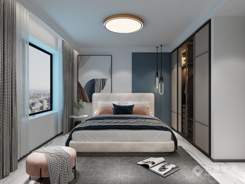 卧室以简约兼实用的设计手法，打造出一个温暖静谧的质感空间。。